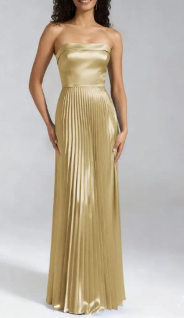 AW BRIDAL 2 XS light gold satin crystal Valerie pleated formal maxi dress B37